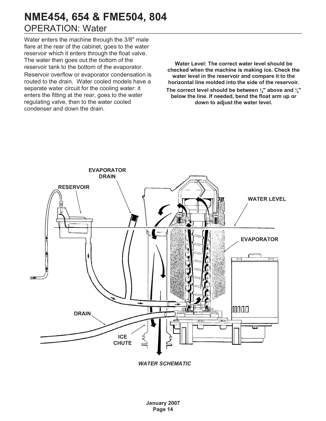 Scotsman Ice FME804, NME454, NME654, FME504 manual Operation Water, Water Level The correct water level should be 