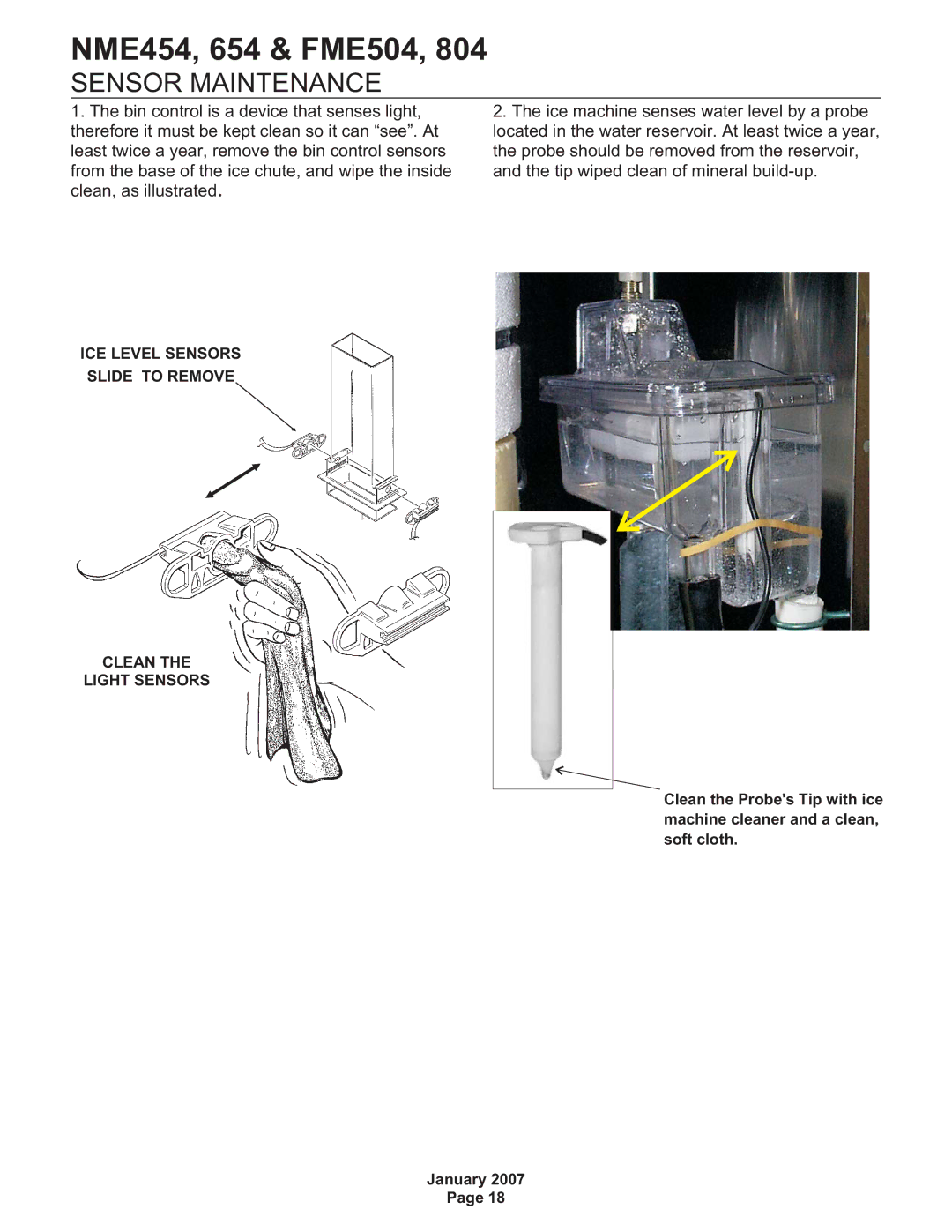 Scotsman Ice FME804, NME454, NME654, FME504 manual Sensor Maintenance 