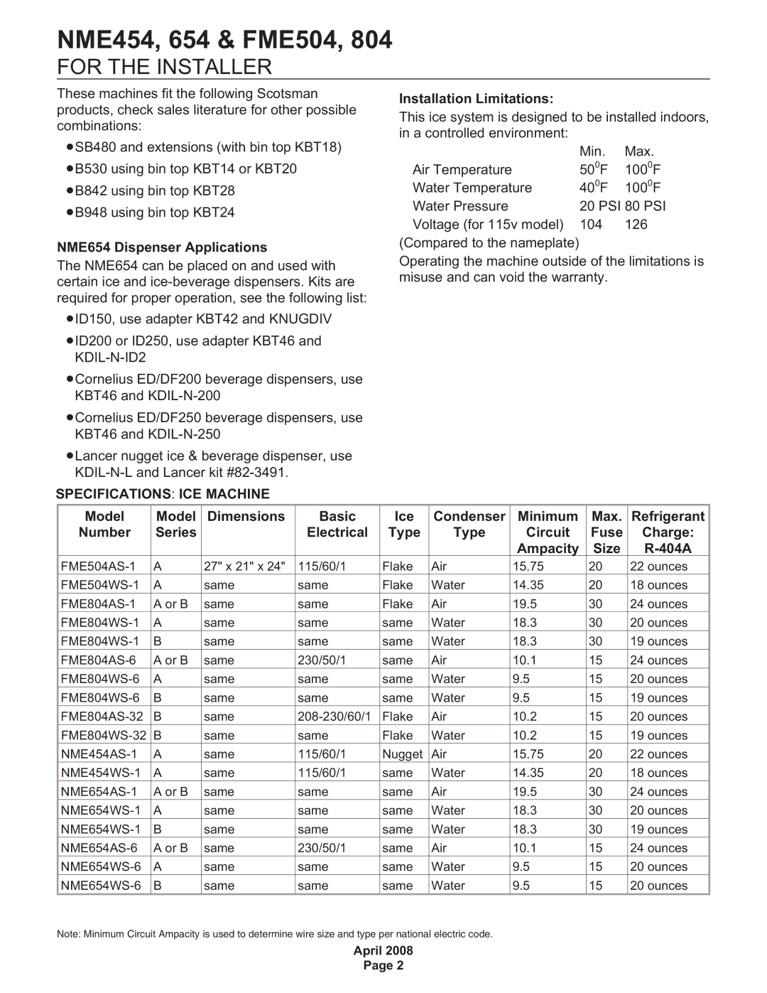 Scotsman Ice FME804, NME454, FME504 manual For the Installer, Installation Limitations, NME654 Dispenser Applications 