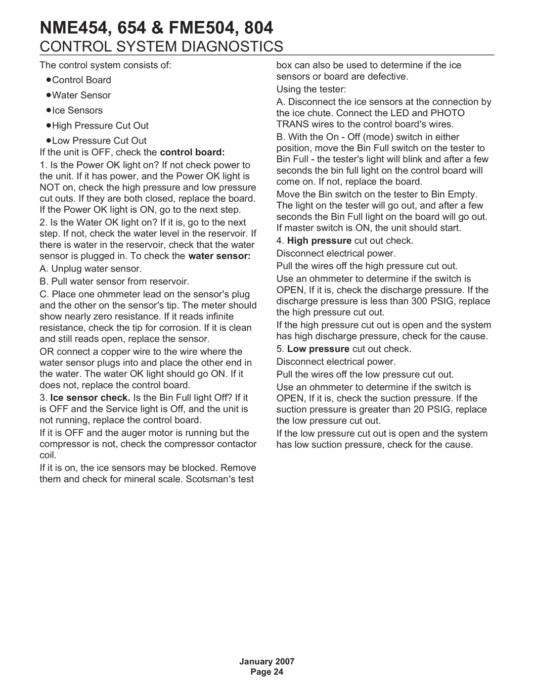 Scotsman Ice NME454, NME654, FME804, FME504 manual Control System Diagnostics 