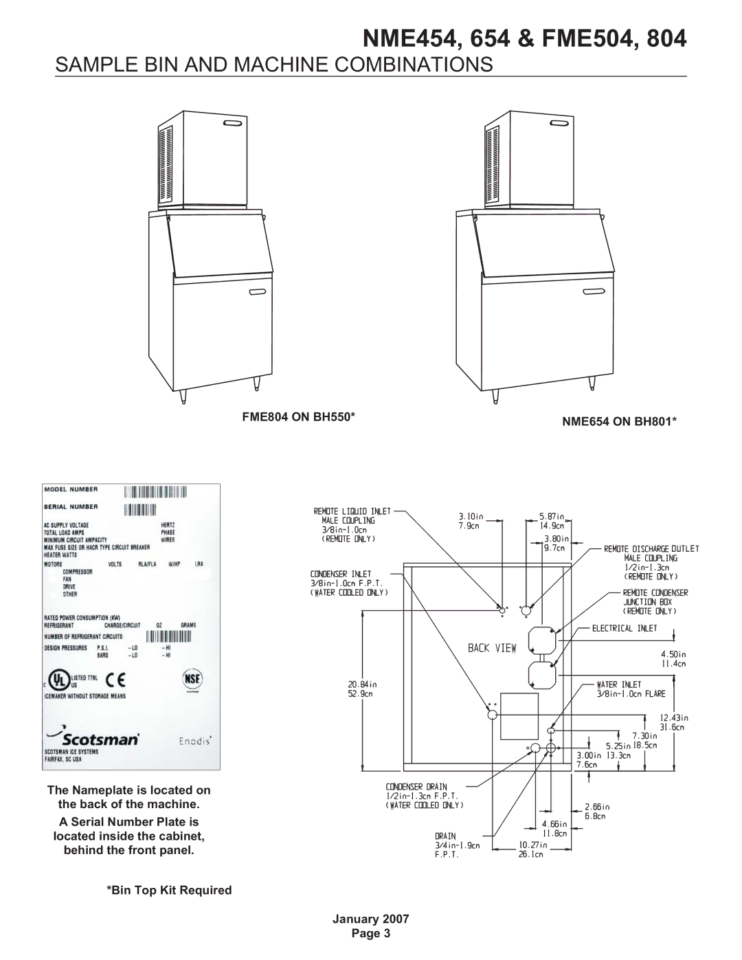 Scotsman Ice FME504, NME454, NME654, FME804 manual Sample BIN and Machine Combinations 