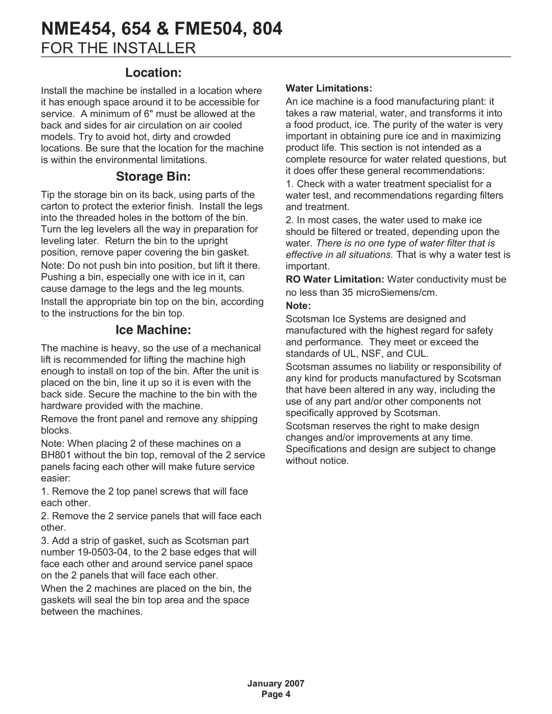 Scotsman Ice NME454, NME654, FME804, FME504 manual Location, Water Limitations 