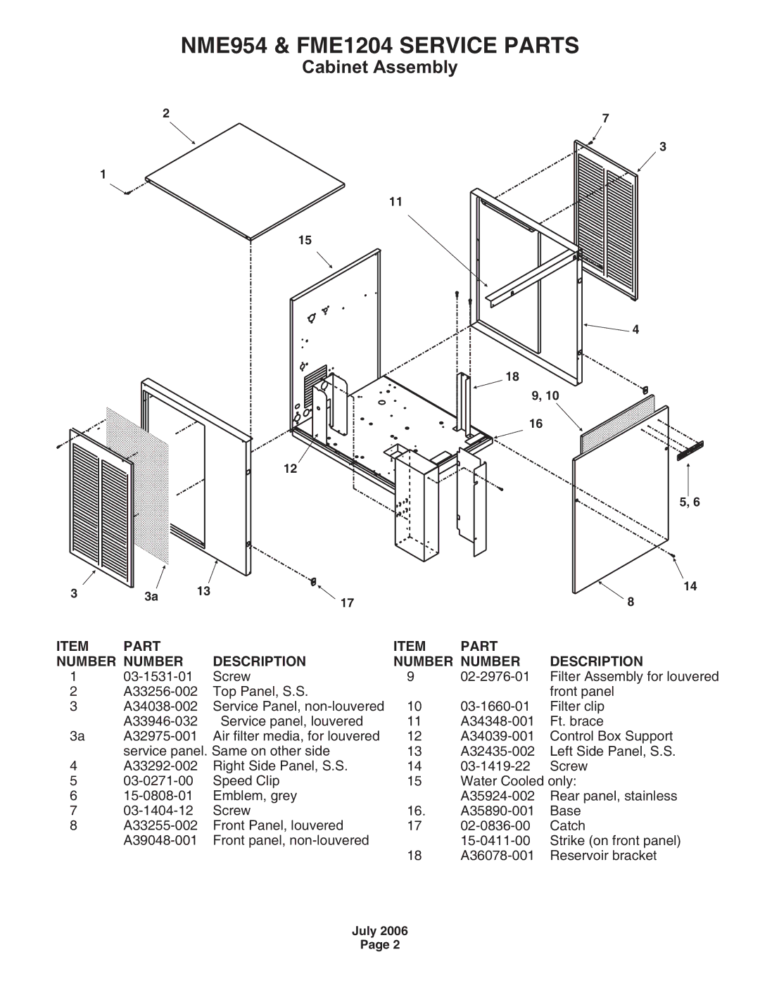 Scotsman Ice NME954 manual Cabinet Assembly, Part Number Description 