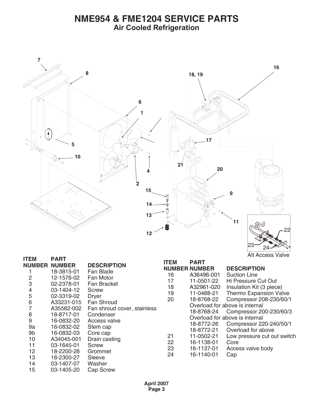 Scotsman Ice NME954 manual Air Cooled Refrigeration, Item Part Number Number Description 