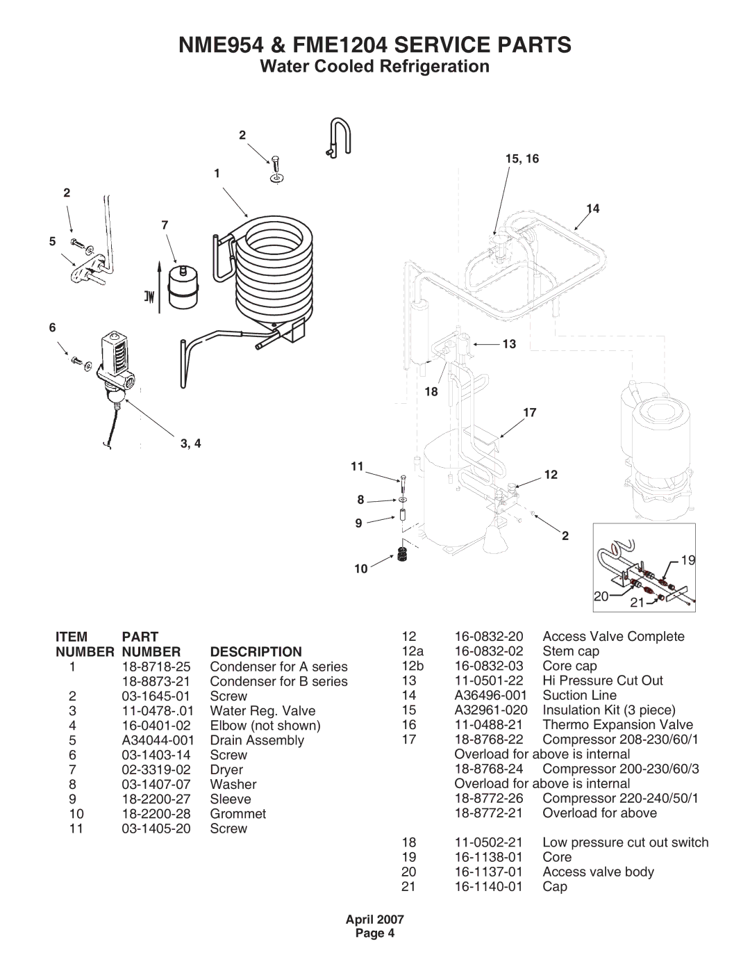 Scotsman Ice NME954 manual Water Cooled Refrigeration, Part, Number Description 