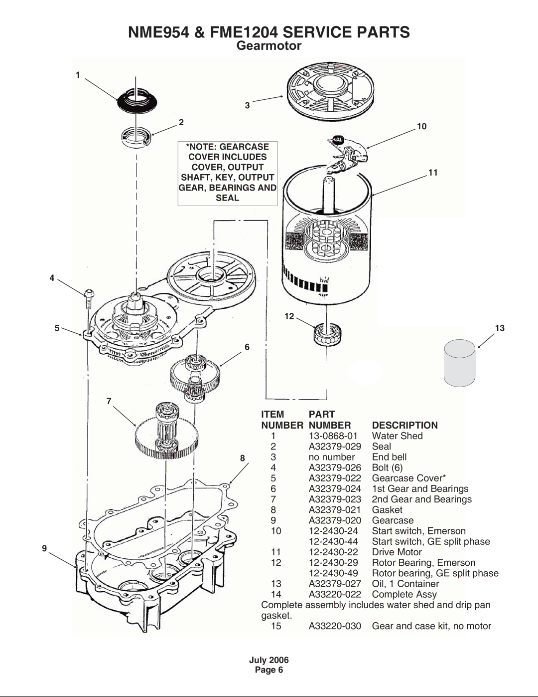 Scotsman Ice NME954 manual Gearmotor, Part Number Number 