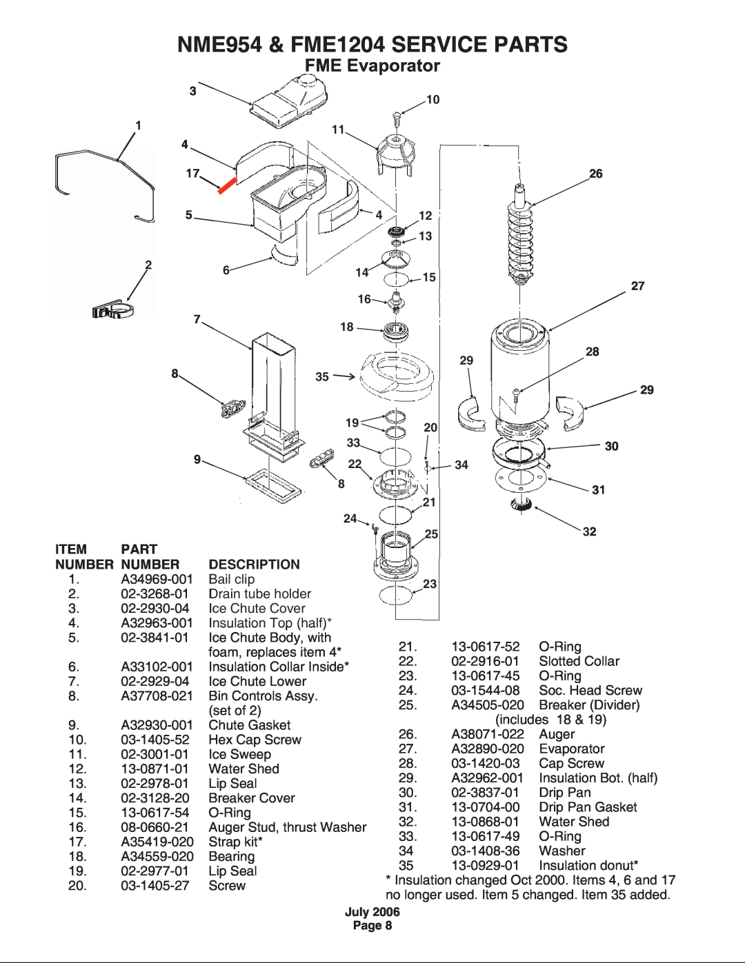 Scotsman Ice manual FME Evaporator, NME954 & FME1204 SERVICE PARTS, Item Part Number Number Description 