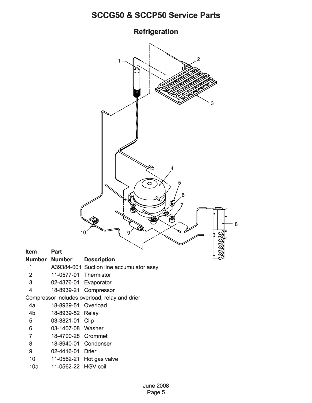 Scotsman Ice SCC50 manual Refrigeration, SCCG50 & SCCP50 Service Parts, Item Part Number Number Description 