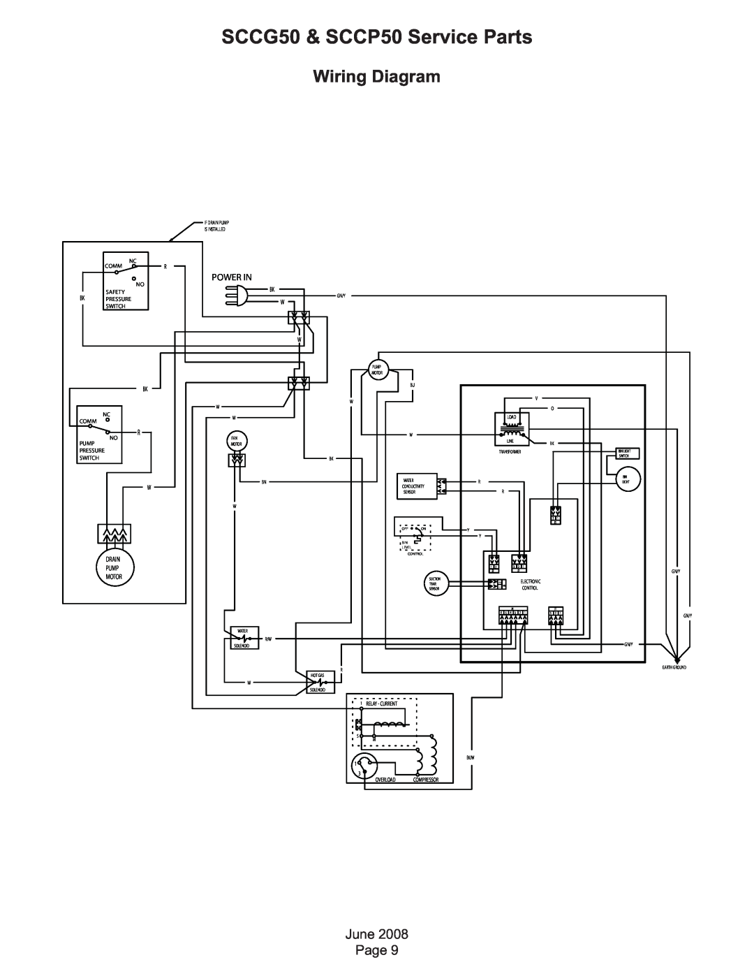 Scotsman Ice SCC50 manual Wiring Diagram, SCCG50 & SCCP50 Service Parts, Power In, Drain, Pump, Motor, Relay - Current 