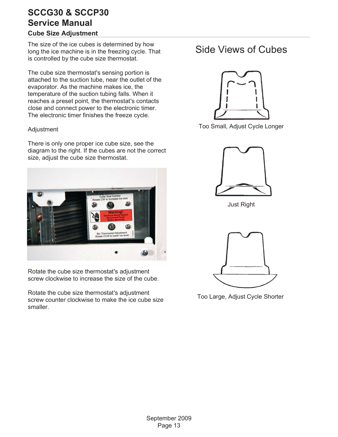 Scotsman Ice SCCP30, SCCG30 service manual Side Views of Cubes, Cube Size Adjustment 