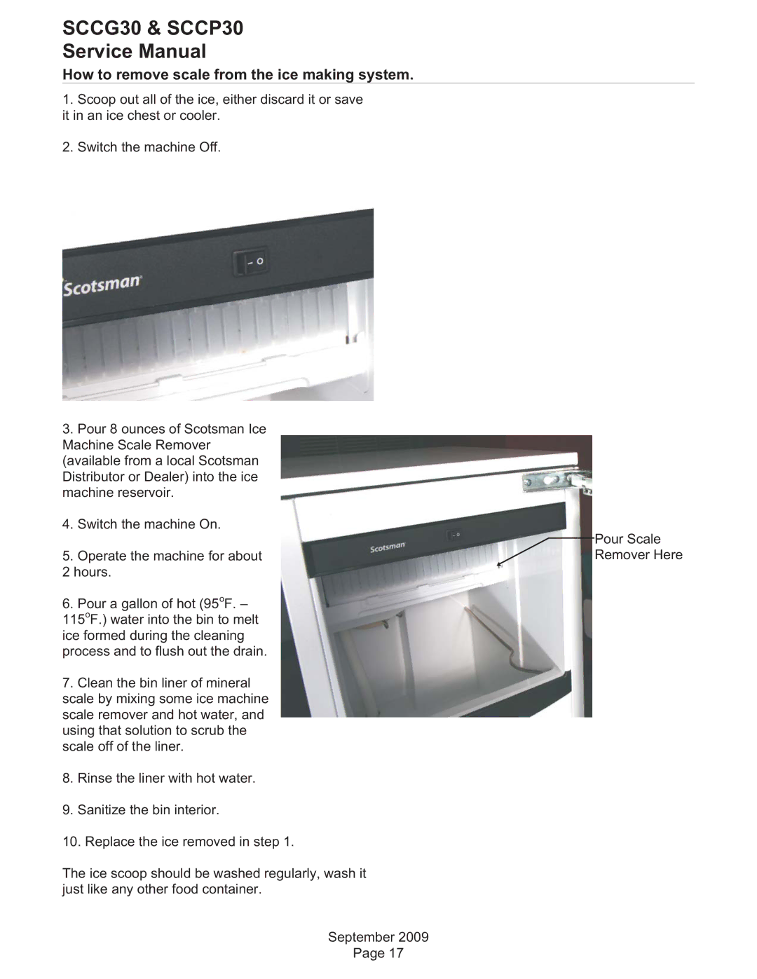 Scotsman Ice SCCP30, SCCG30 service manual How to remove scale from the ice making system 