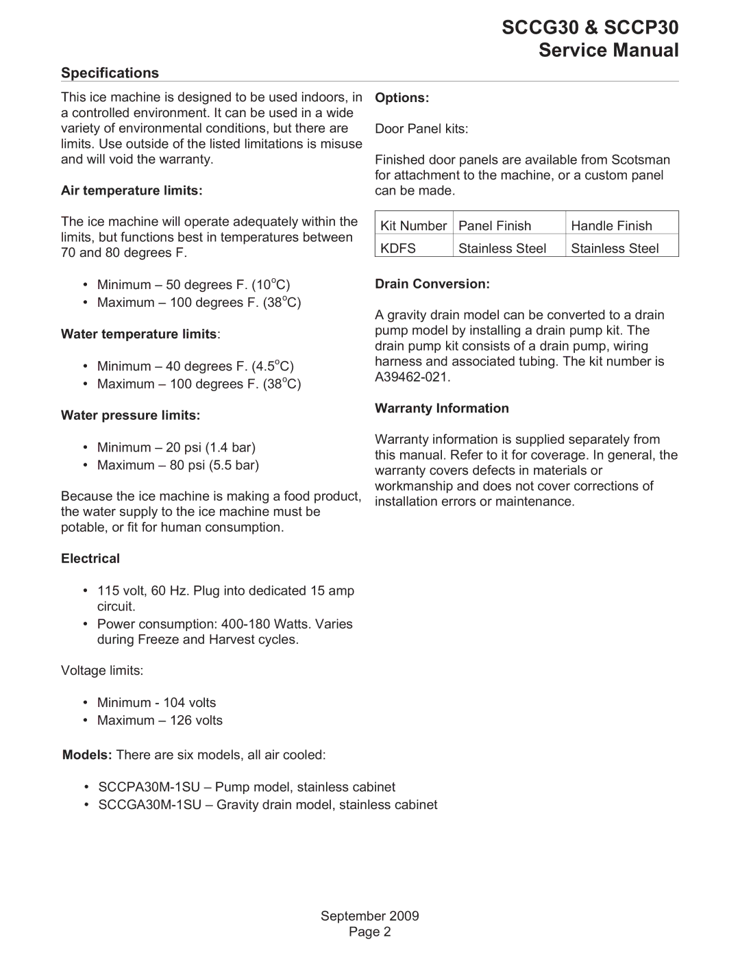 Scotsman Ice SCCG30, SCCP30 service manual Specifications 