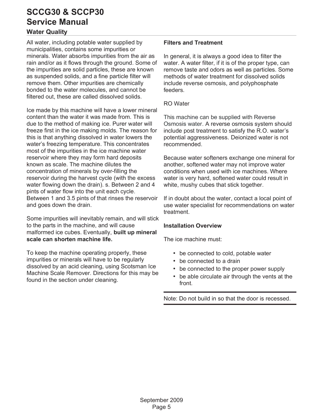 Scotsman Ice SCCP30, SCCG30 service manual Water Quality, Filters and Treatment, Installation Overview 