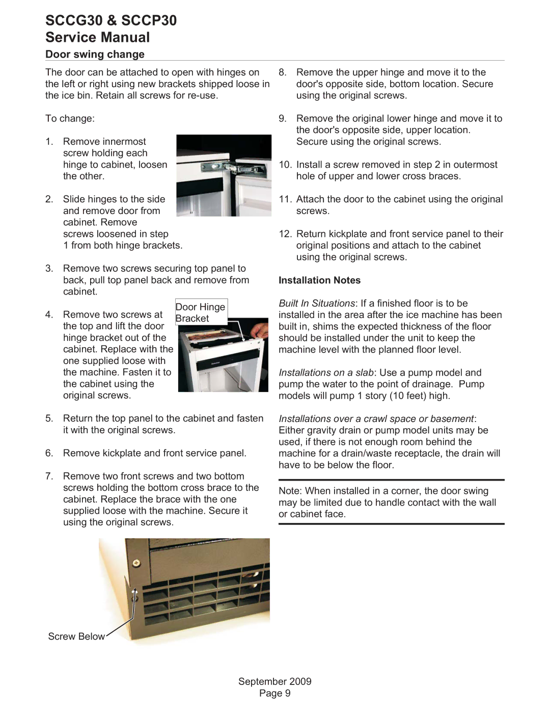 Scotsman Ice SCCP30, SCCG30 service manual Door swing change, Installation Notes 