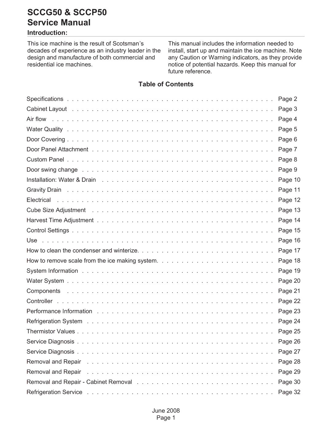 Scotsman Ice SCCP50, SCCG50 service manual Introduction, Table of Contents 