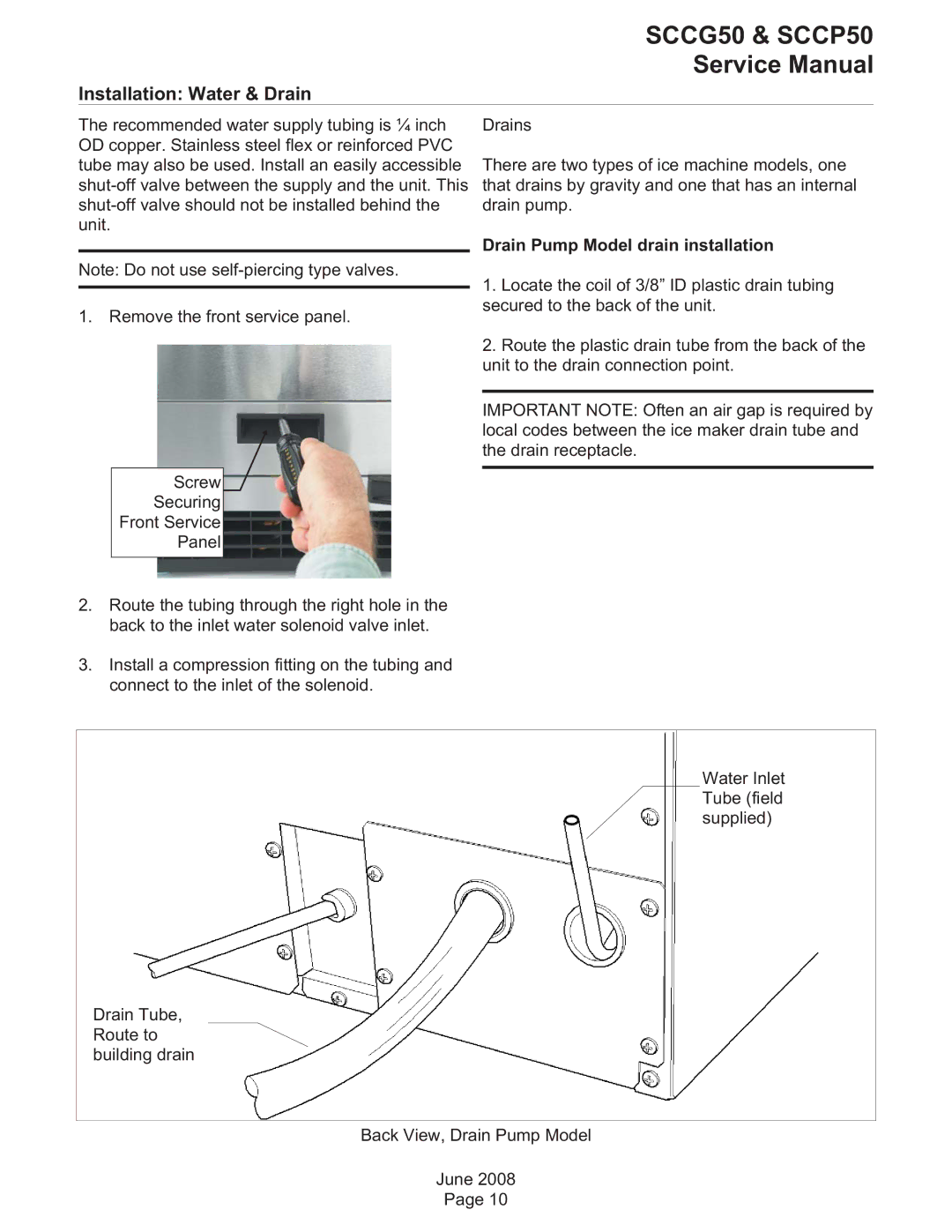 Scotsman Ice SCCG50, SCCP50 service manual Installation Water & Drain, Drain Pump Model drain installation 