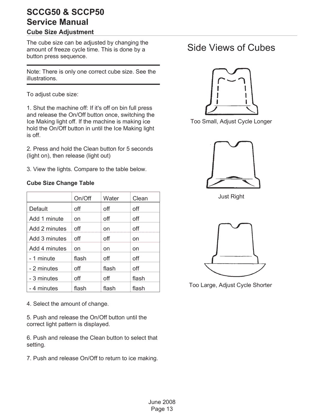 Scotsman Ice SCCP50, SCCG50 service manual Cube Size Adjustment, Cube Size Change Table 