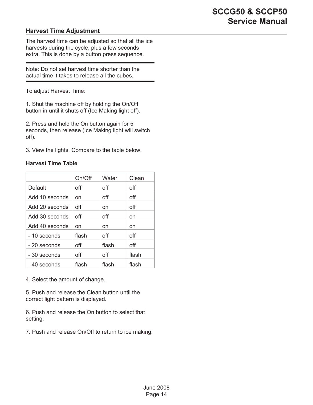 Scotsman Ice SCCG50, SCCP50 service manual Harvest Time Adjustment, Harvest Time Table 