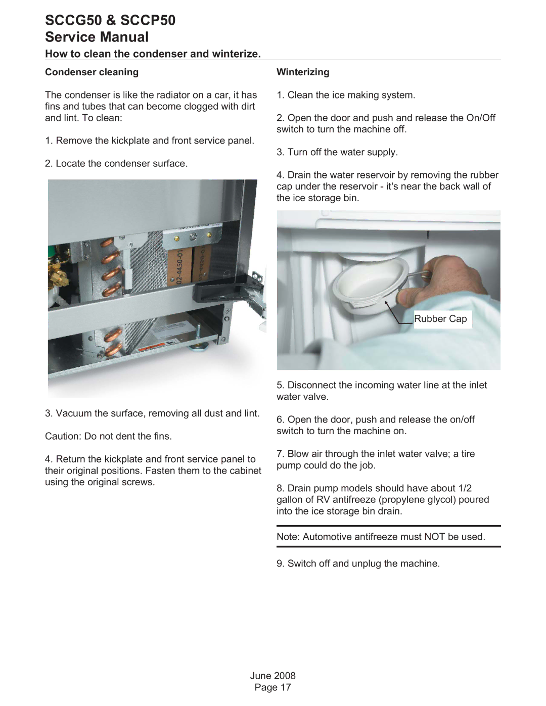 Scotsman Ice SCCP50, SCCG50 service manual How to clean the condenser and winterize, Condenser cleaning 