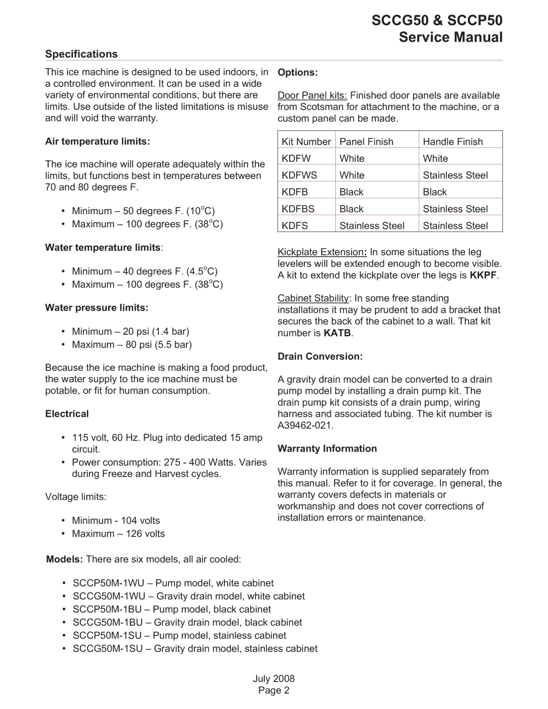 Scotsman Ice SCCG50, SCCP50 service manual Specifications 