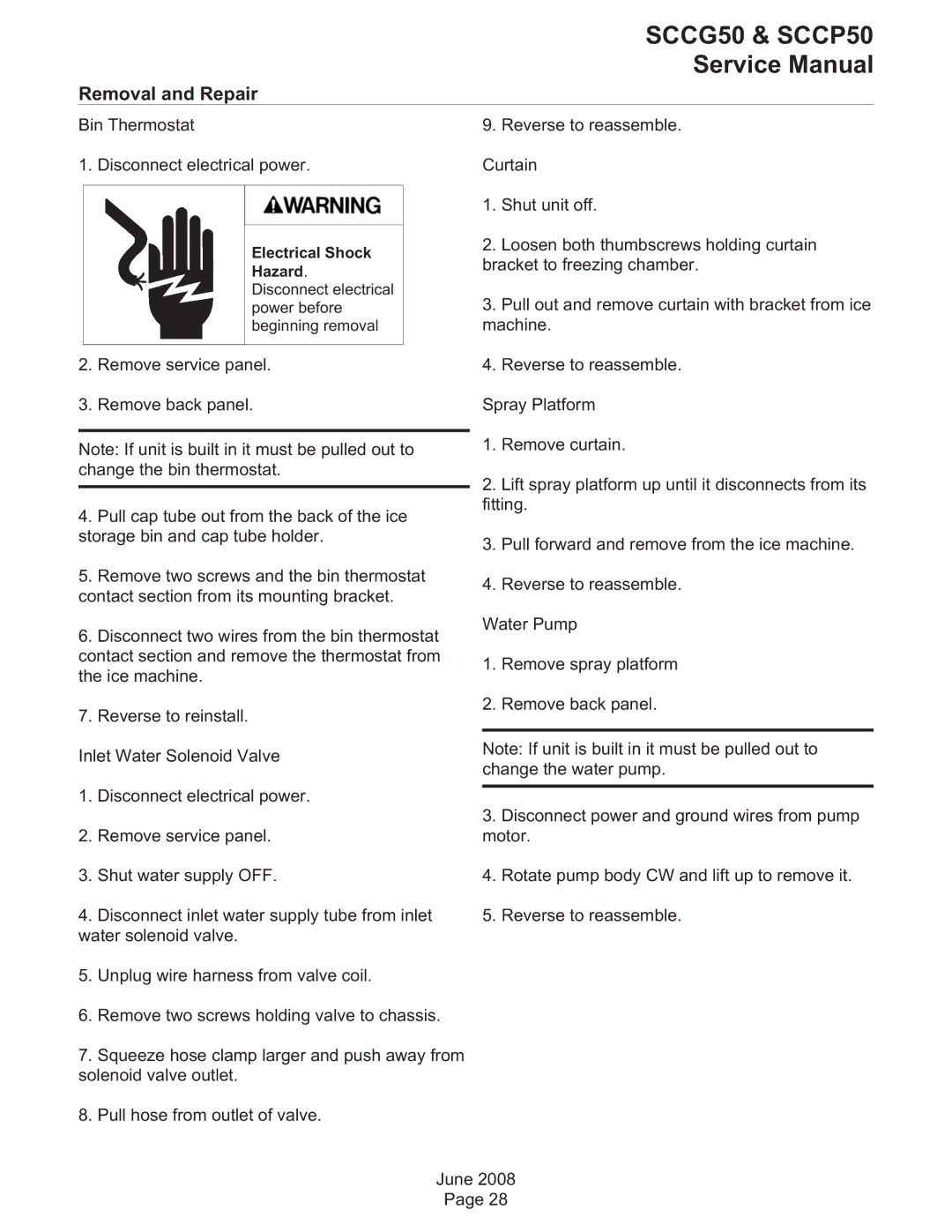 Scotsman Ice SCCG50, SCCP50 service manual Removal and Repair 