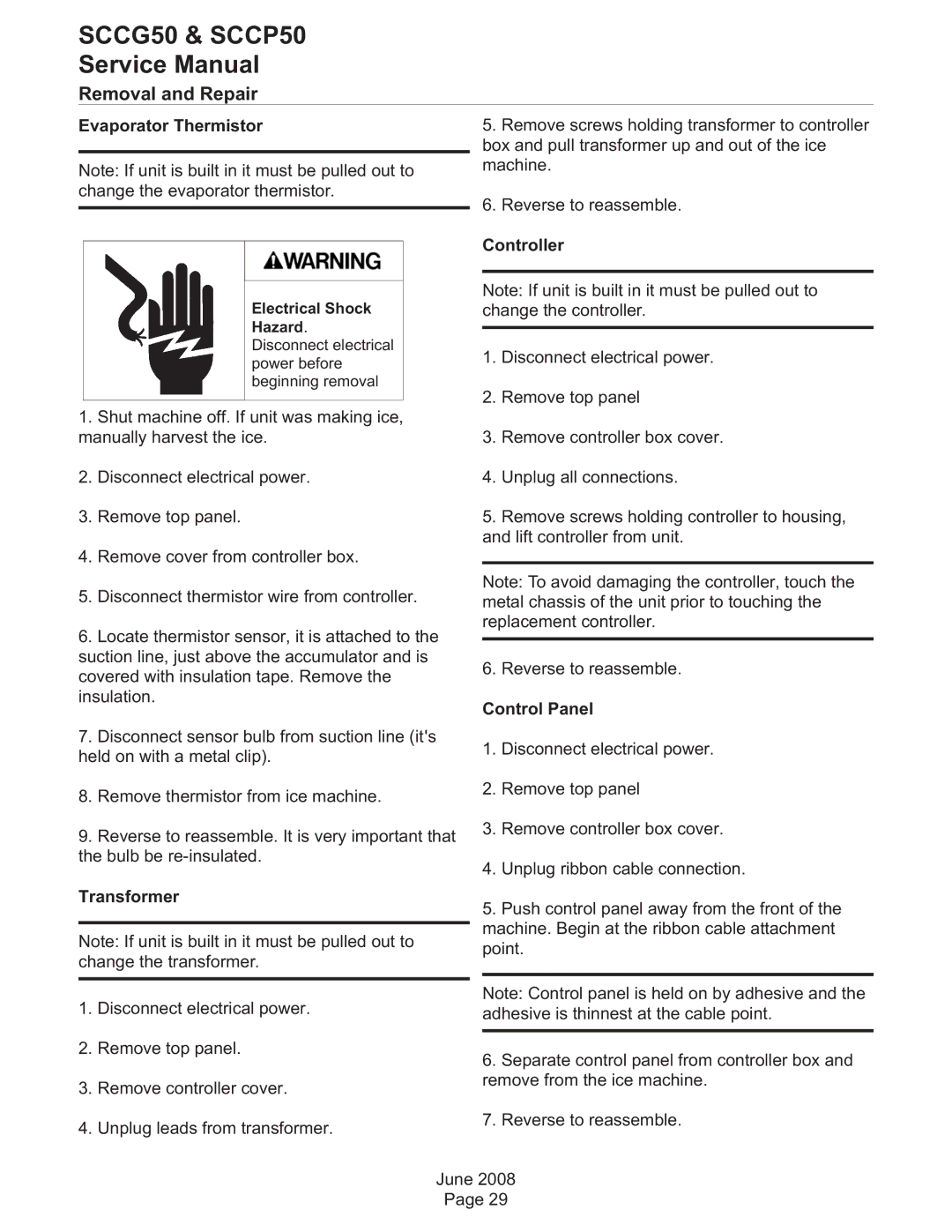 Scotsman Ice SCCP50, SCCG50 service manual Evaporator Thermistor, Controller, Control Panel, Transformer 