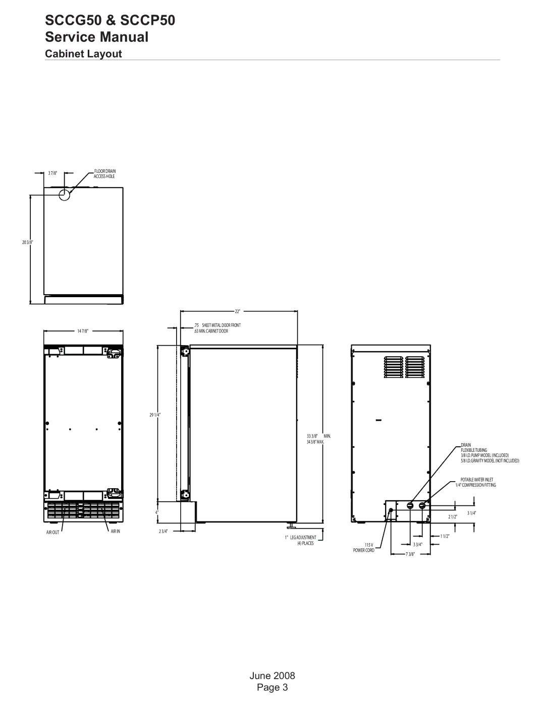 Scotsman Ice SCCP50, SCCG50 service manual Cabinet Layout, LEG Adjustment Places Drain Flexible Tubing 