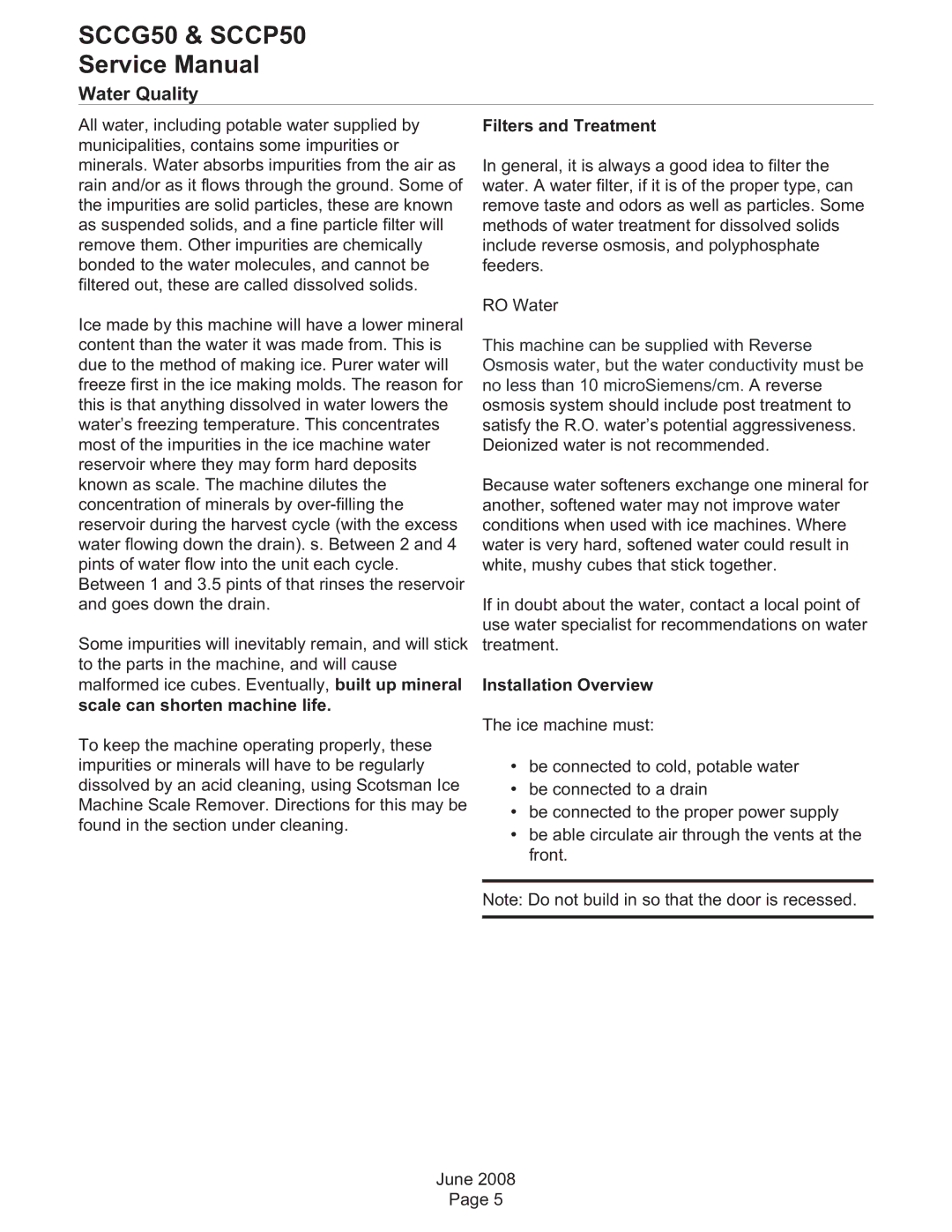 Scotsman Ice SCCP50, SCCG50 Water Quality, Scale can shorten machine life, Filters and Treatment, Installation Overview 