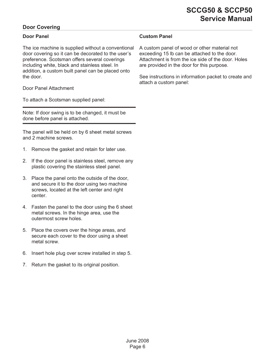 Scotsman Ice SCCG50, SCCP50 service manual Door Covering, Door Panel Custom Panel 