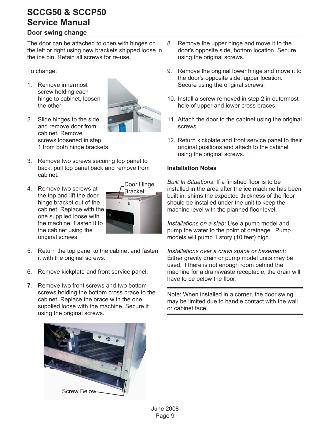 Scotsman Ice SCCP50, SCCG50 service manual Door swing change, Installation Notes 