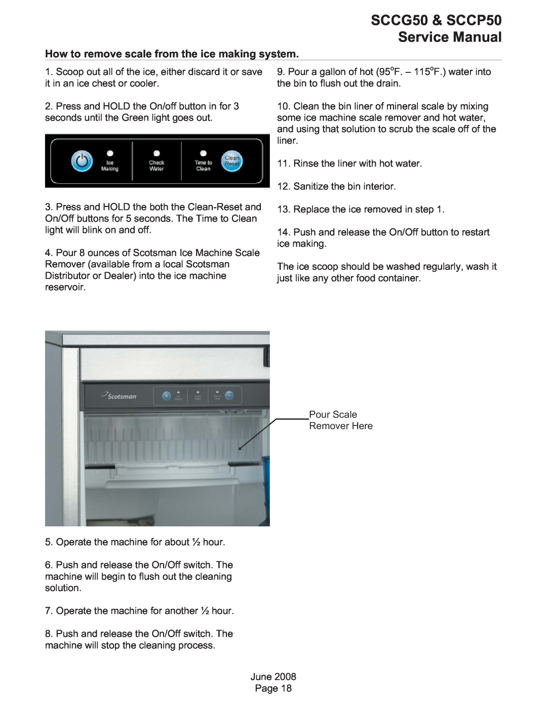 Scotsman Ice SCCG50, SCCP50 service manual How to remove scale from the ice making system 