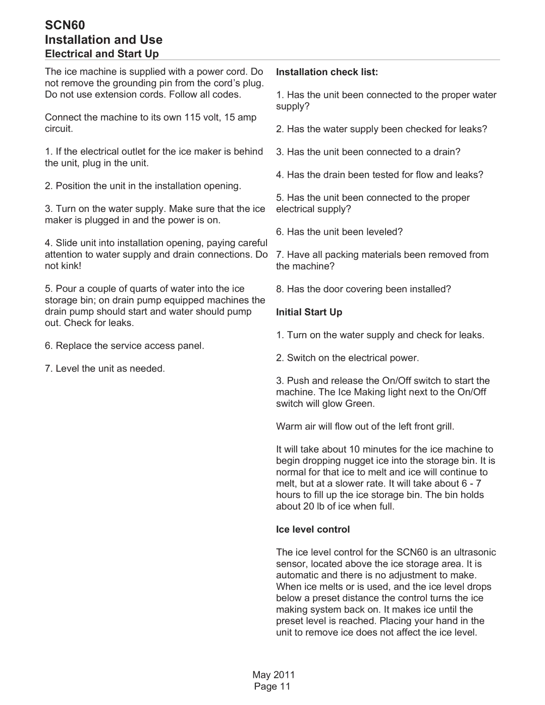 Scotsman Ice SCN60 dimensions Electrical and Start Up, Installation check list, Initial Start Up, Ice level control 