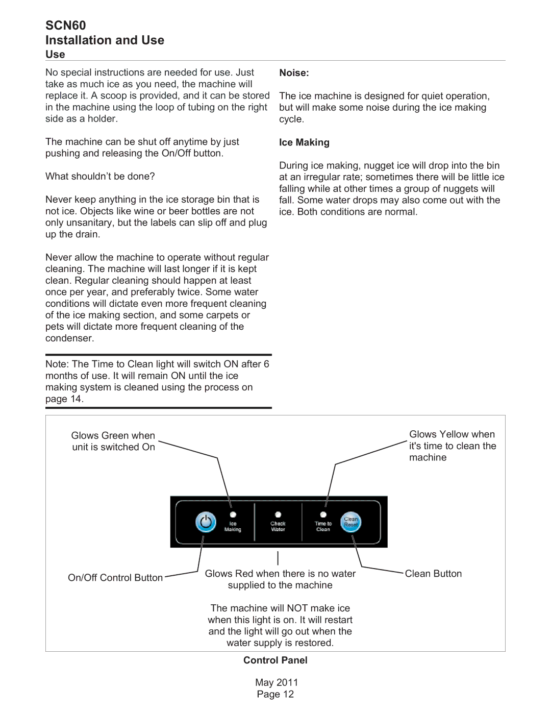 Scotsman Ice SCN60 dimensions Use, Noise, Ice Making, Control Panel 