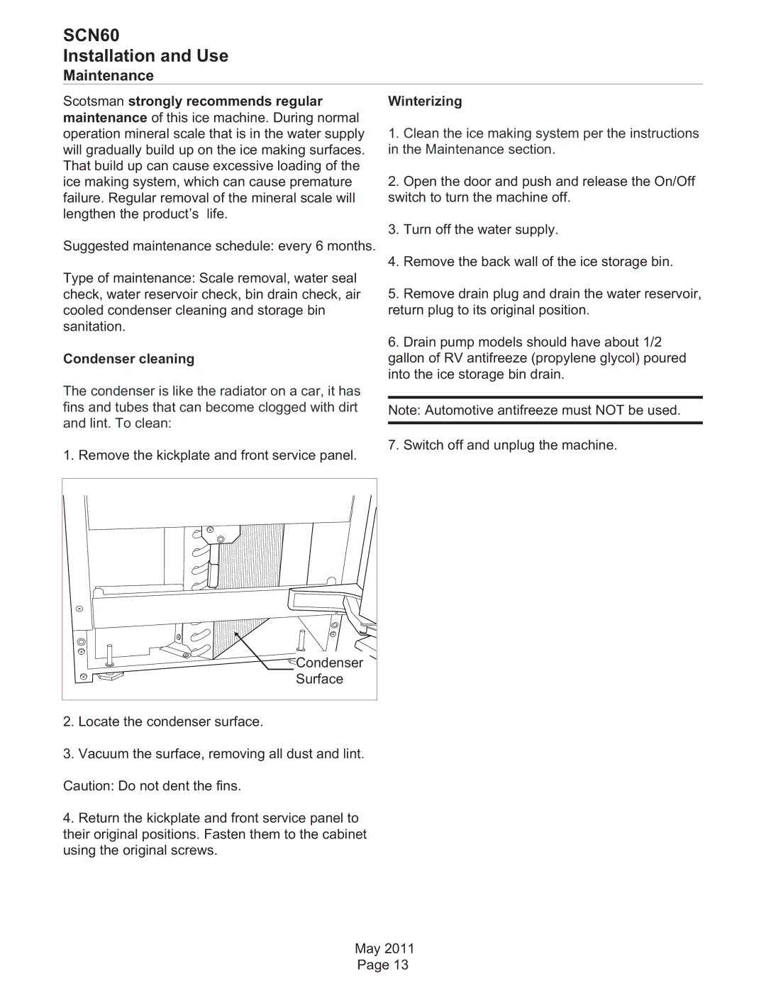 Scotsman Ice SCN60 dimensions Maintenance, Scotsman strongly recommends regular 