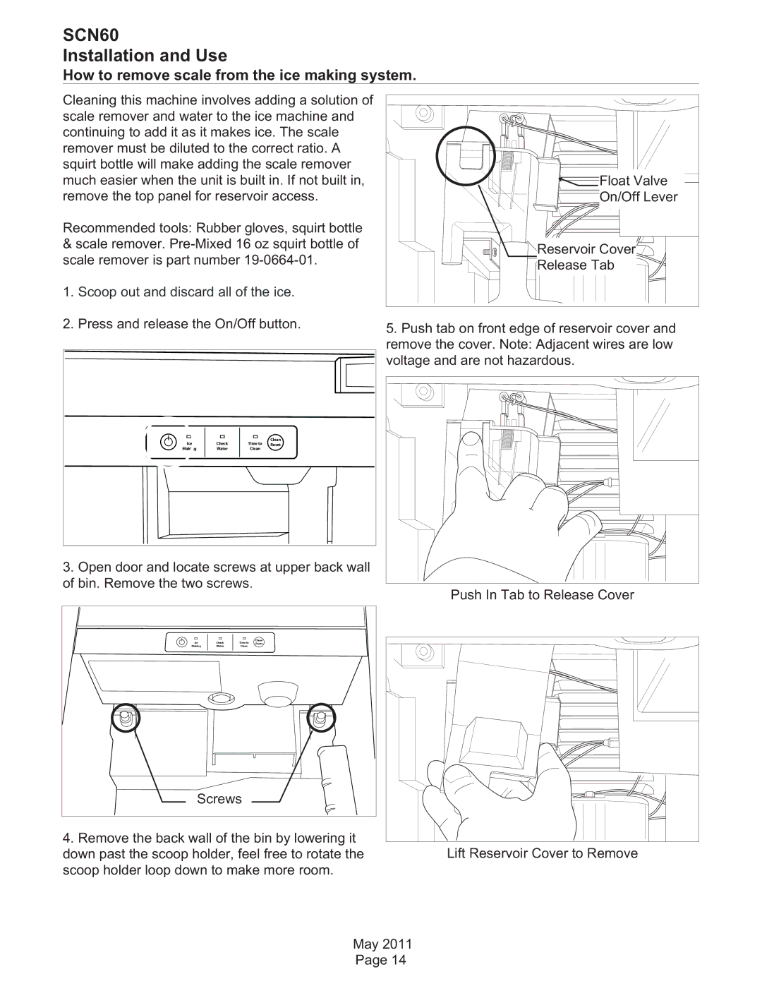 Scotsman Ice SCN60 dimensions How to remove scale from the ice making system, Scoop out and discard all of the ice 