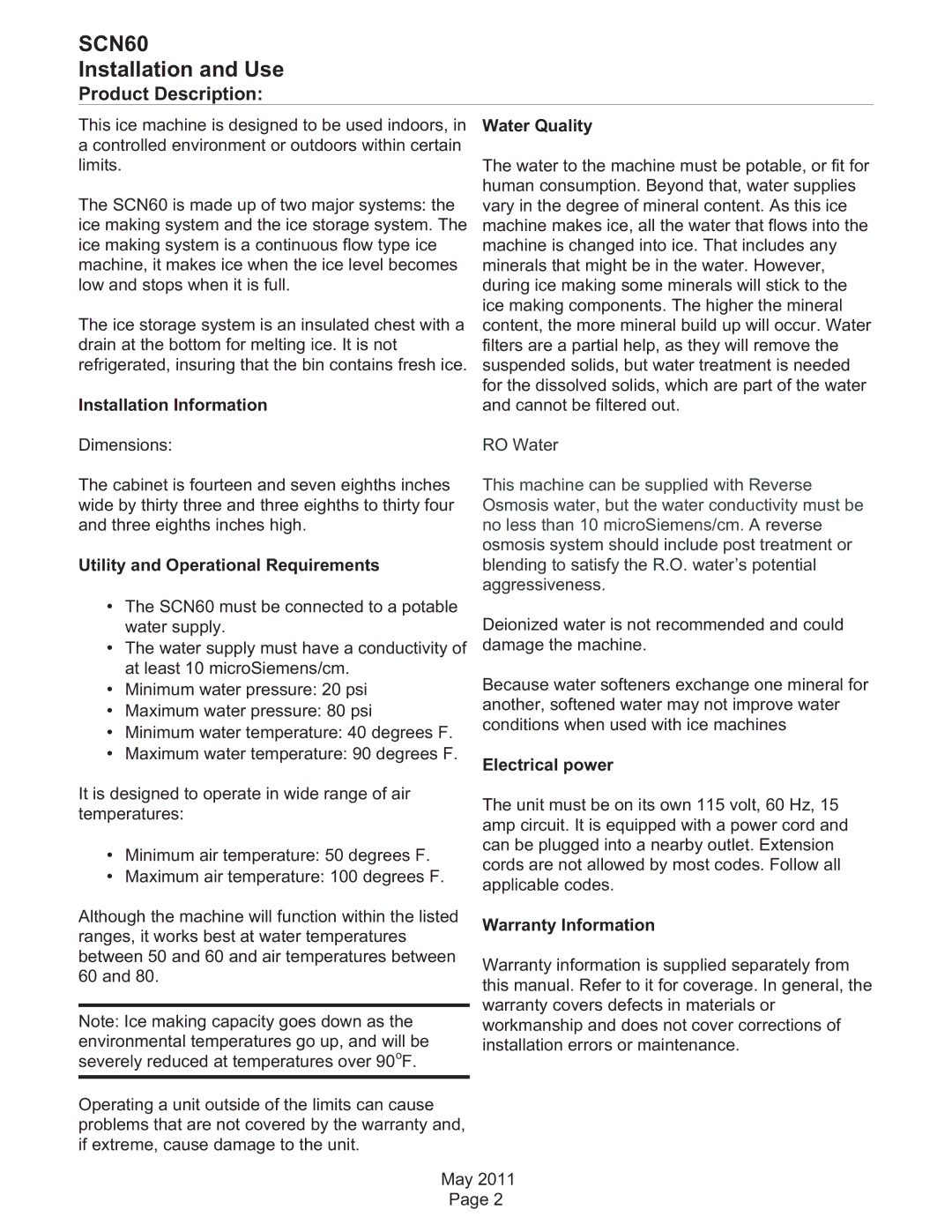 Scotsman Ice SCN60 dimensions Product Description 