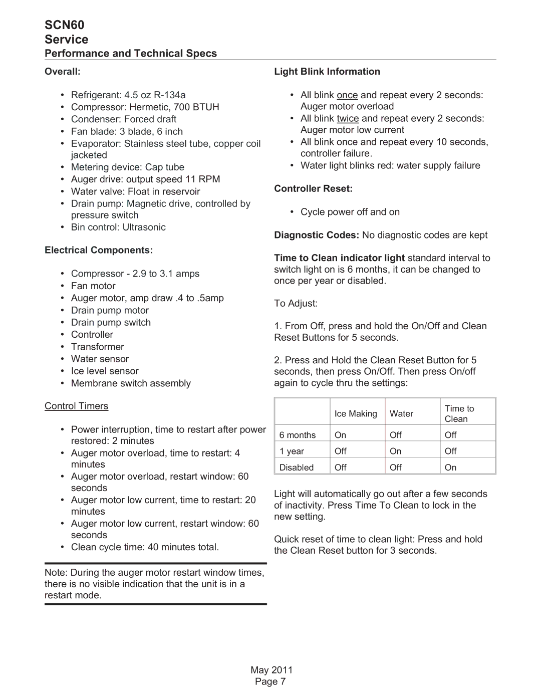 Scotsman Ice SCN60 dimensions Performance and Technical Specs, Light Blink Information, Controller Reset 