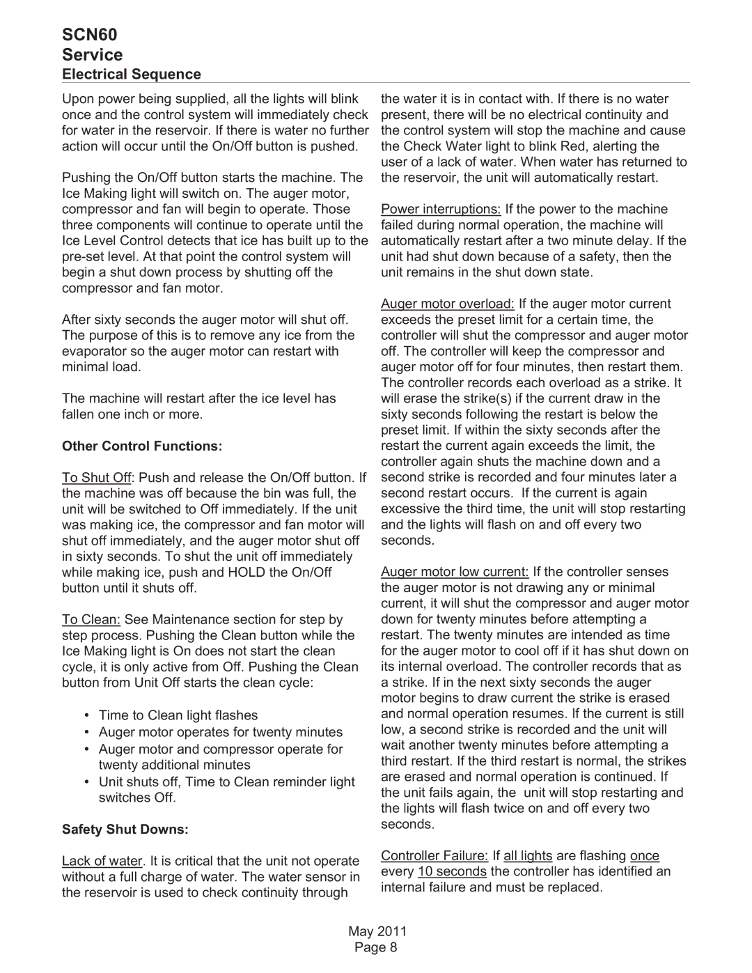 Scotsman Ice SCN60 dimensions Electrical Sequence, Other Control Functions, Safety Shut Downs 