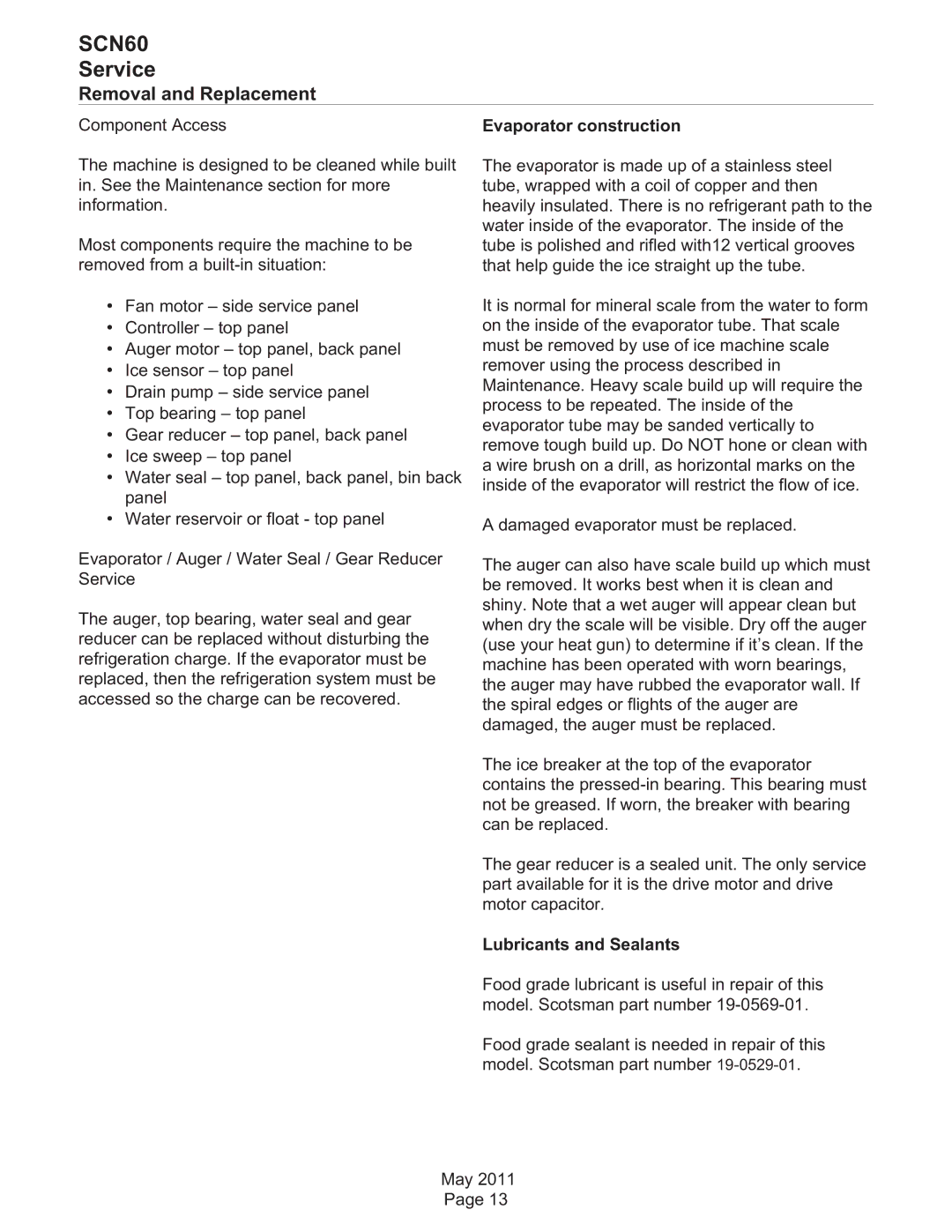 Scotsman Ice SCN60 dimensions Removal and Replacement, Evaporator construction, Lubricants and Sealants 