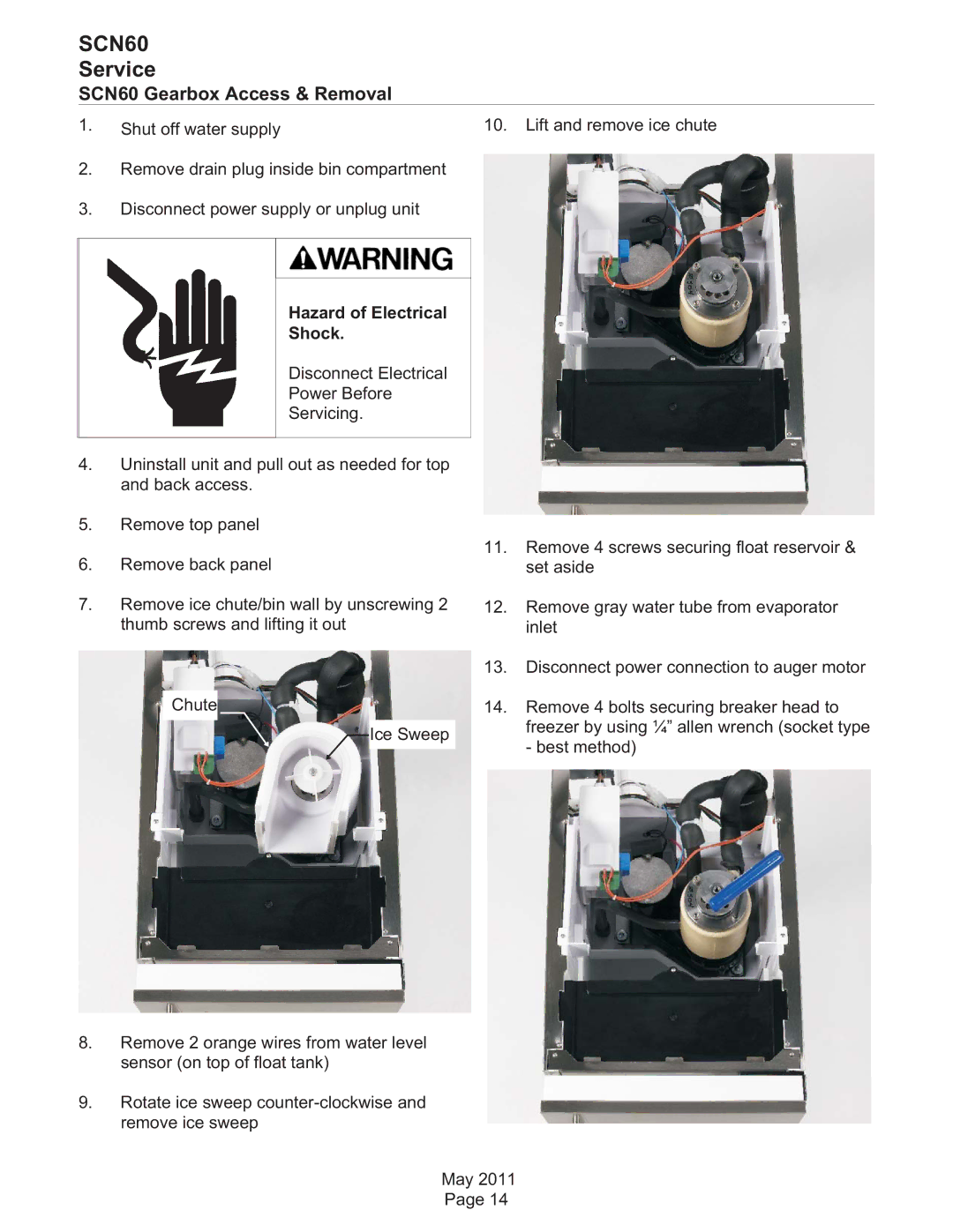 Scotsman Ice dimensions SCN60 Gearbox Access & Removal, Hazard of Electrical Shock 