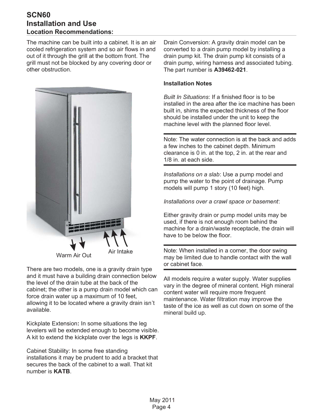 Scotsman Ice SCN60 dimensions Location Recommendations, Installation Notes 