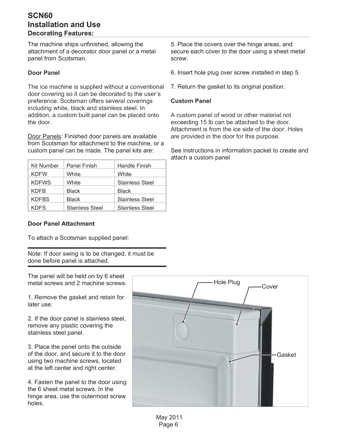 Scotsman Ice SCN60 dimensions Decorating Features, Door Panel Attachment 