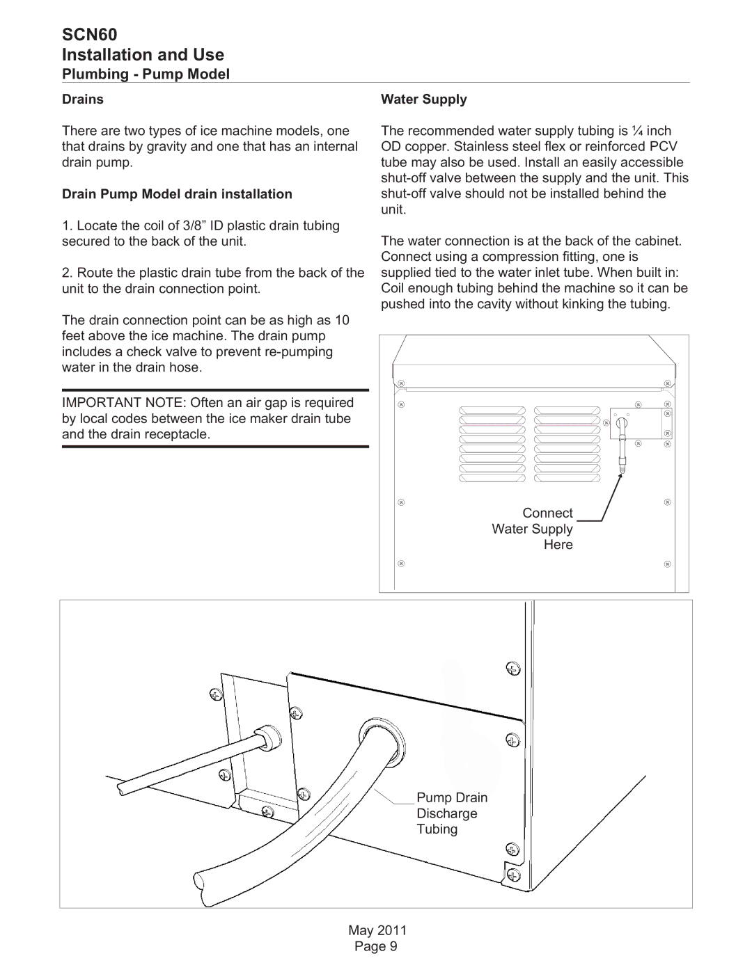 Scotsman Ice SCN60 dimensions Plumbing Pump Model, Drains Water Supply, Drain Pump Model drain installation 