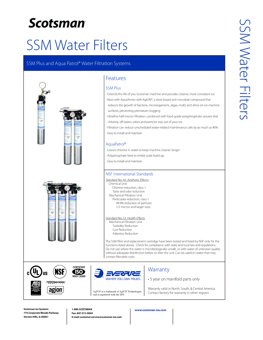 Scotsman Ice SC10RC40 SC10, SSMRC6, SSMRC1 warranty Features, Warranty, SSM Plus, AquaPatrol, NSF International Standards 