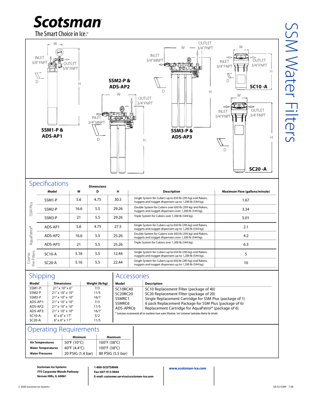 Scotsman Ice SC20RC20 SC20, SSMRC6, SC10RC40 SC10, Aqua Patrol Specifications, Shipping, Accessories, Operating Requirements 