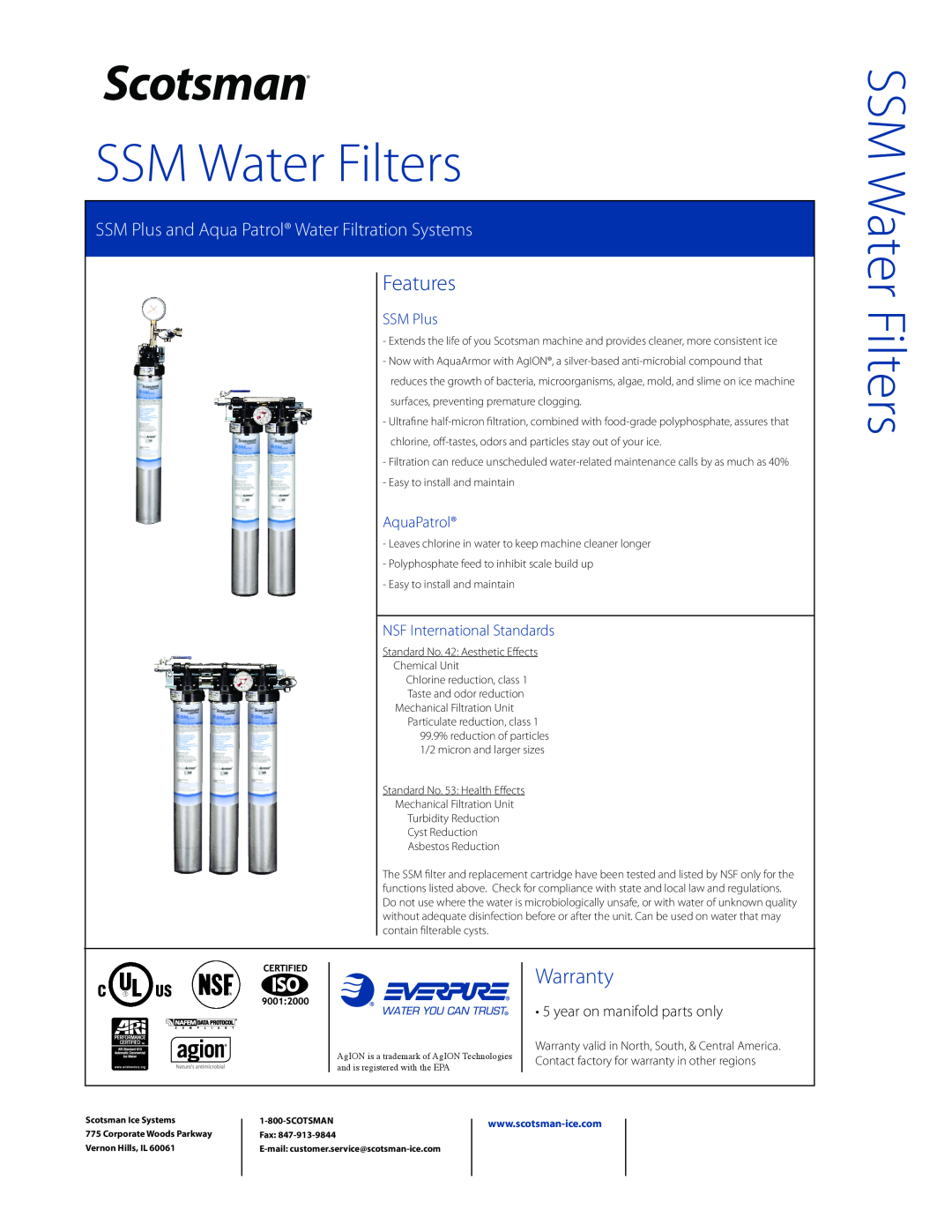 Scotsman Ice SC10RC40 SC10, SSMRC6, SSMRC1 warranty Scotsman, Features, Warranty, SSM Water Filters, SSM Plus, AquaPatrol 