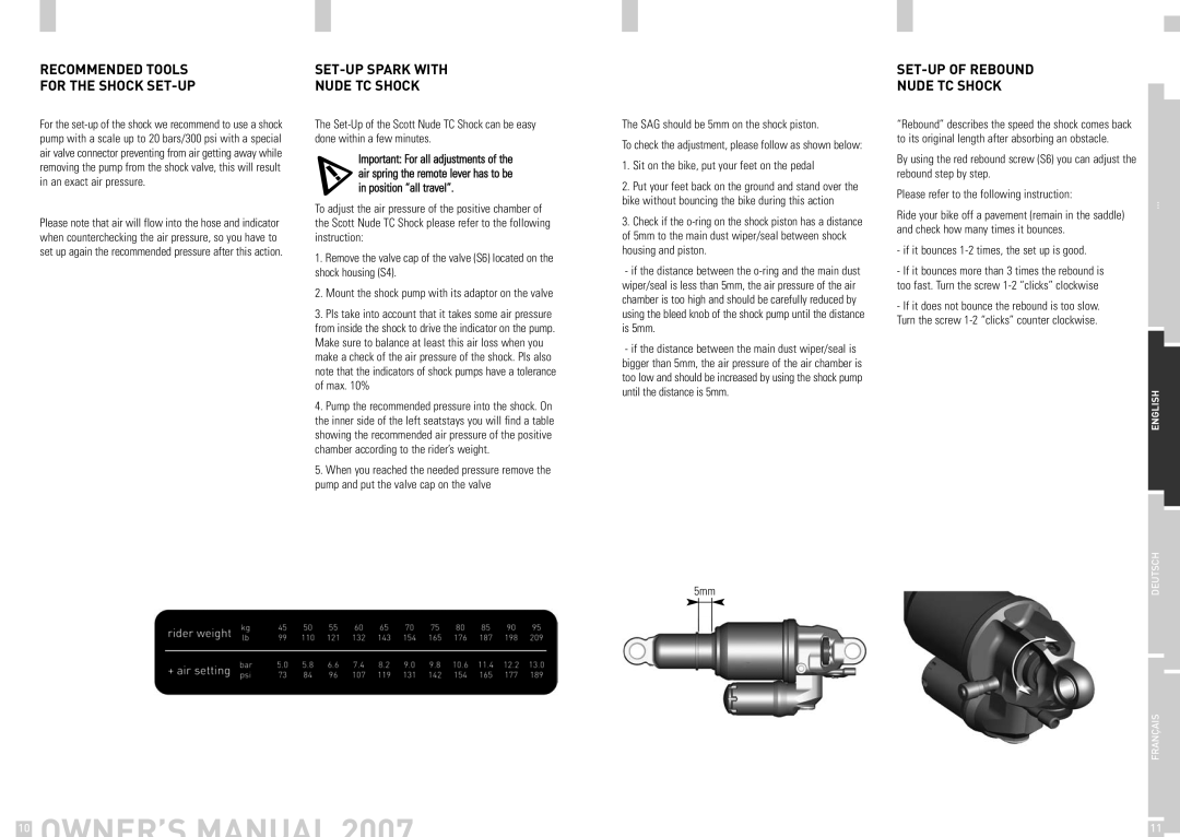 Scott 2007 Recommended Tools For the Shock SET-UP, SET-UP Spark with Nude TC Shock, SET-UP of Rebound Nude TC Shock 