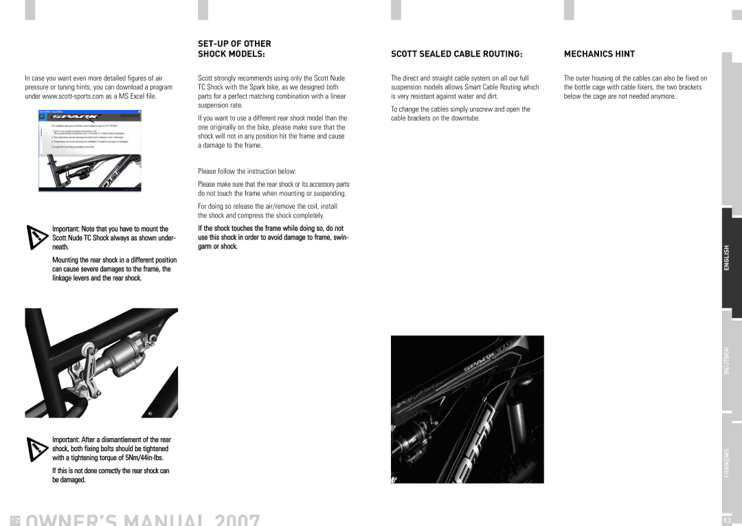 Scott 2007 owner manual SET-UP of Other Shock Models, Scott Sealed Cable Routing, Mechanics Hint 