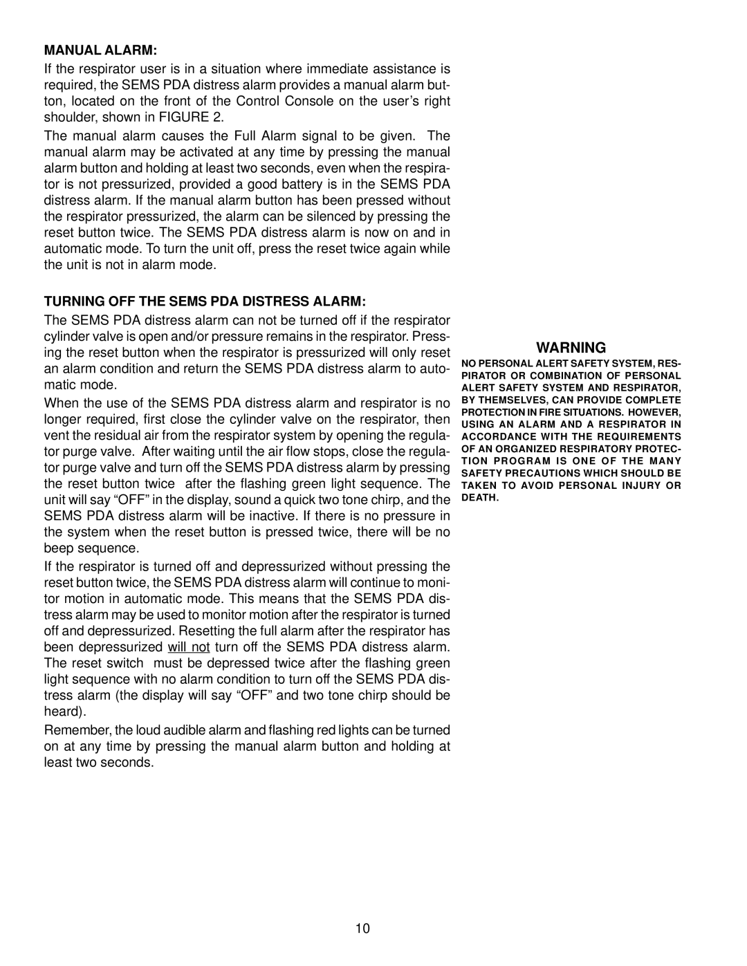 Scott 3, 4.5, 2.2 manual Manual Alarm, Turning OFF the Sems PDA Distress Alarm 