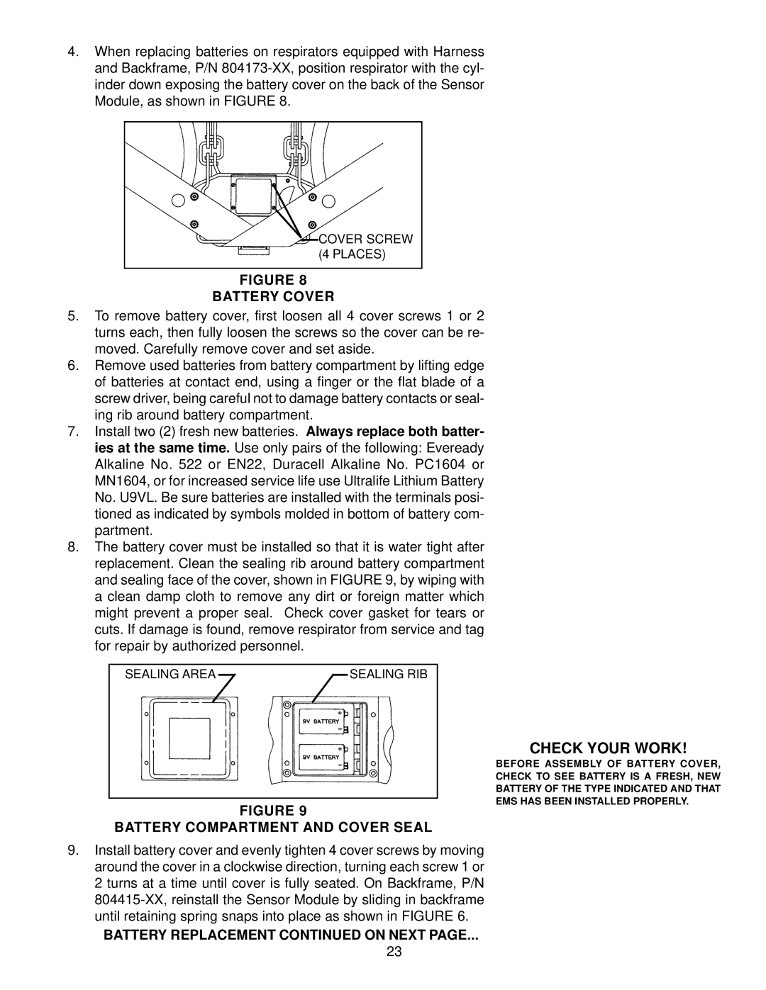 Scott 2.2, 4.5, 3 manual Check Your Work, Battery Compartment and Cover Seal, Battery Replacement on Next 